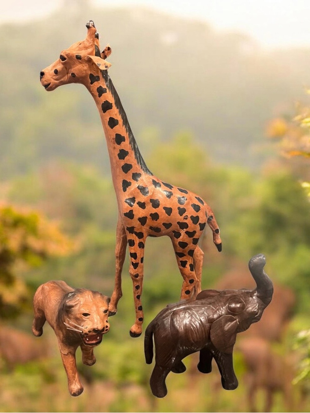 Vintage 1950s set of three decorative Leather Covered animal figurines.